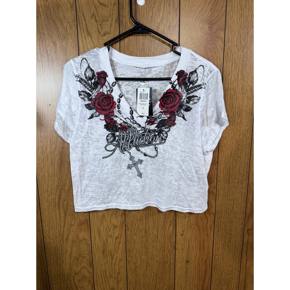 Affliction Womens Cropped Baby Tee Burn Out Red Rose Rosary Size XL NWT